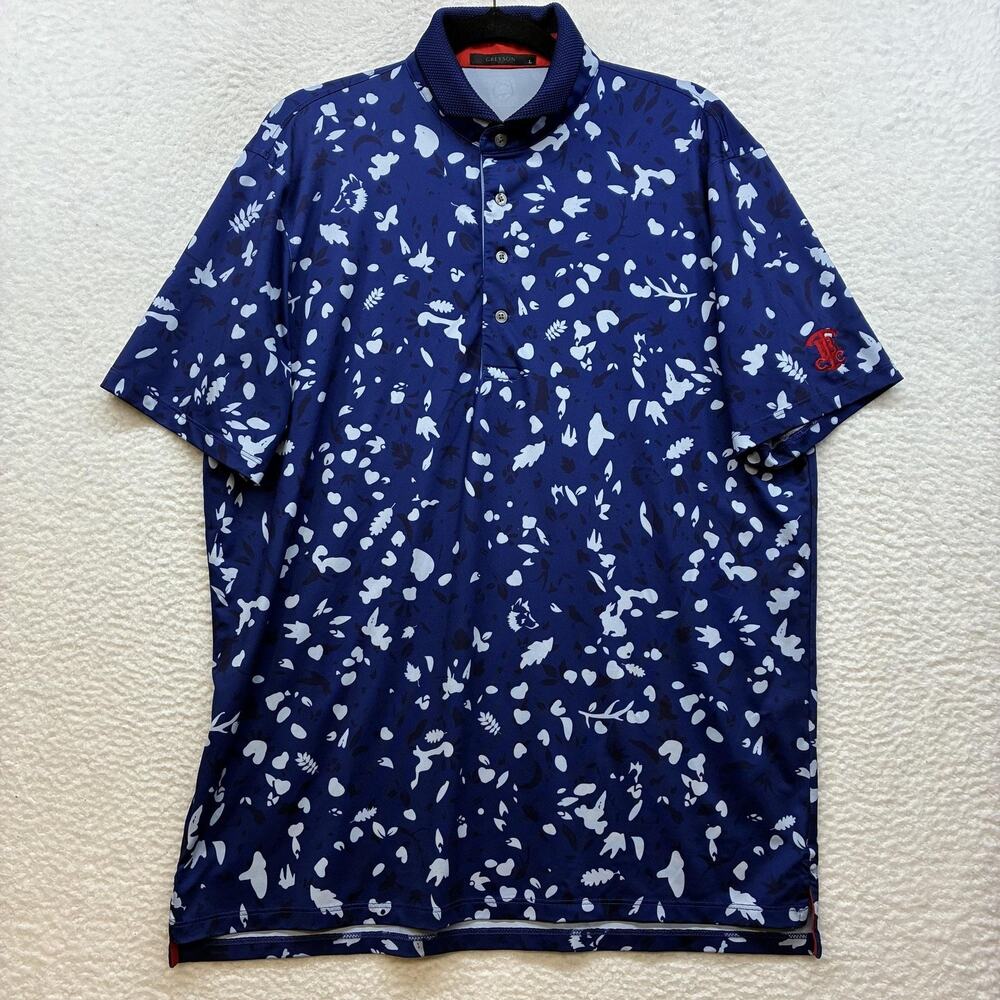 Greyson Polo Shirt Mens Large Blue Woodland Print Band Collar Golf Performance